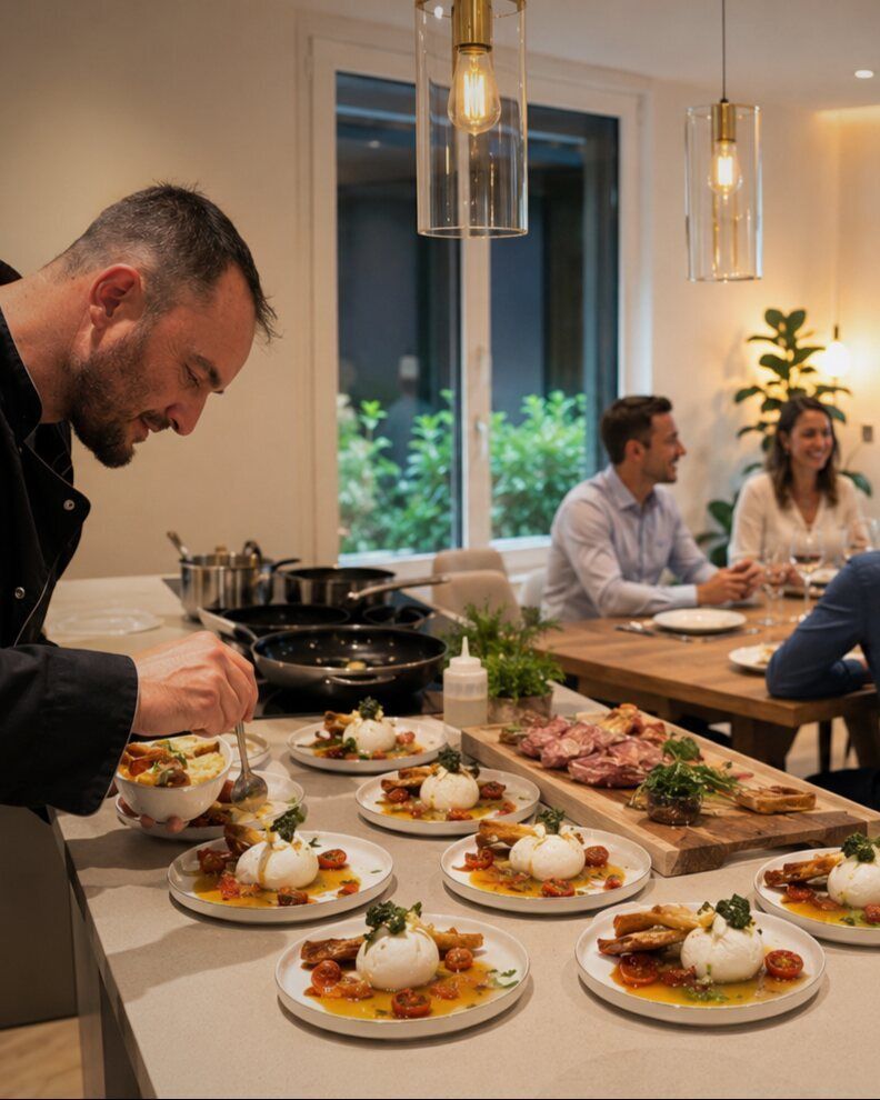 Un chef dresse une série d'assiettes de burrata sur un îlot de cuisine, devant des convives attablés